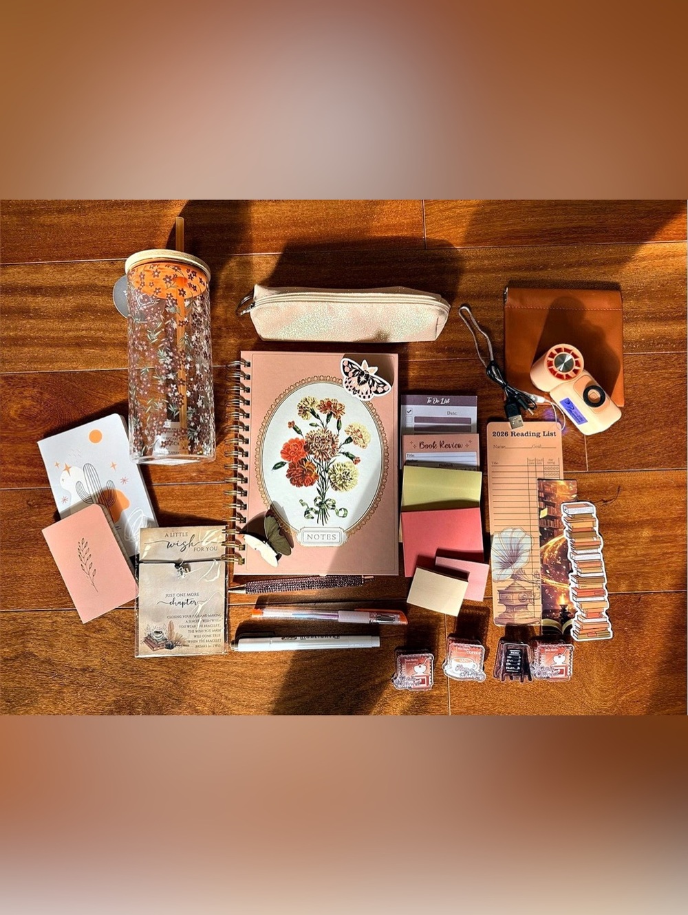 Beautiful Soft Coral Stationery Bundle with glass tumbler - NWT